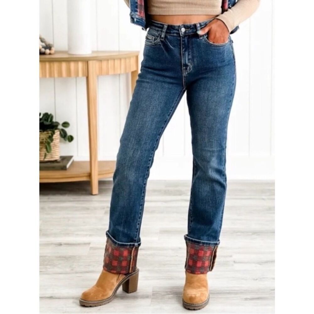 Judy Blue Medium Blue Straight-Leg Jeans with Buffalo Plaid Cuff